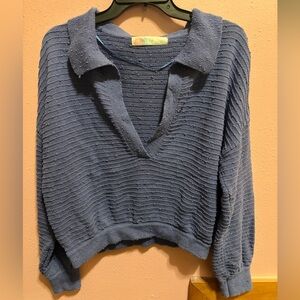 Free People Beach Fisherman Marlie Cropped Collared Blue Sweater Size Small